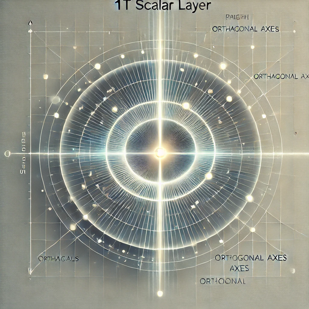 Illustration of the 1T Scalar Layer depicting a central glowing scalar node with radiating energy waves, orthogonal vectors, and temporal transformations symbolizing dynamic spatial and time-based interactions.