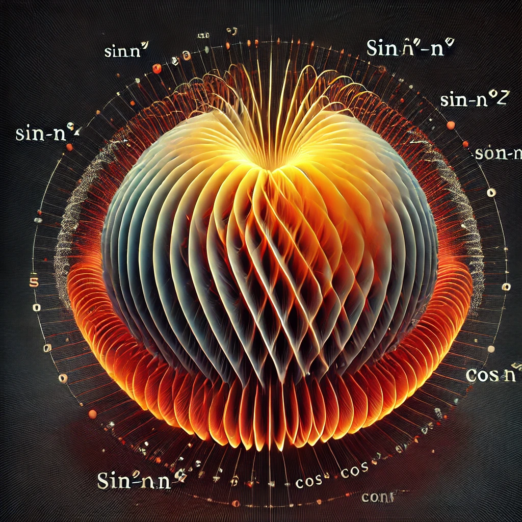 
		
			A detailed visualization of a spherical gear system, showcasing concentric layers of interconnected oscillations formed by angular harmonics. 
			The sphere is divided into vibrant, glowing sinusoidal patterns of red, orange, and yellow, representing the rotations of each gear in the system. 
			These gears are seamlessly aligned, illustrating precise angular transitions across the spherical layers. 
			The dynamic interplay of rotations creates a cohesive network that connects every point on the sphere. 
			The dark background emphasizes the radiant, oscillating patterns, highlighting the structural and harmonic precision of the spherical gearset.
		
		