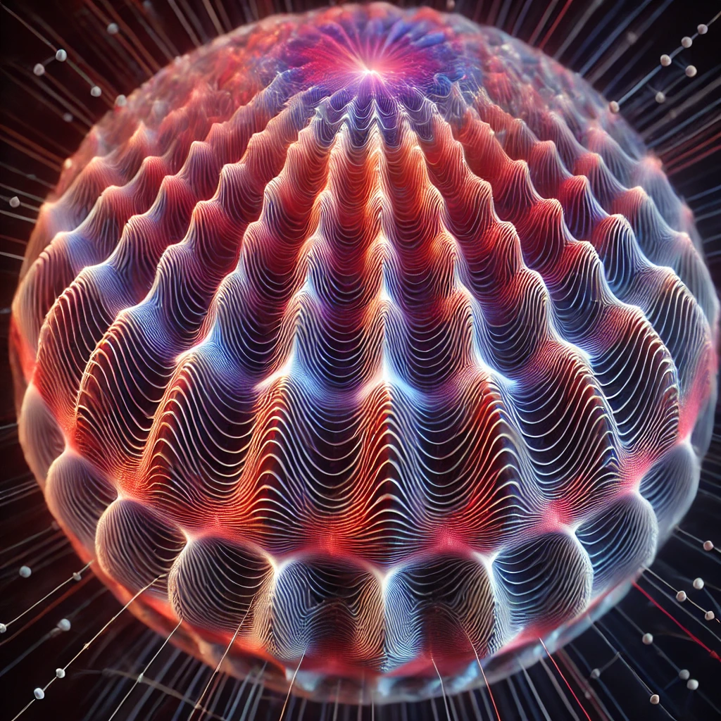 
		
			A 3D visualization of interference mapping within a spherical volume, depicting intricate patterns of overlapping wavefronts. 
			Glowing red and purple ripples intersect throughout the sphere, forming a web-like structure of constructive and destructive interference. 
			Each ripple represents dynamic wave interactions, creating a cohesive volumetric map that adapts seamlessly to changes in input. The visualization captures the harmonic precision of the system, where every point contributes to the overall coherence. 
			The dark background highlights the glowing interference patterns, emphasizing the interconnected nature of the spherical dynamics and their ability to resolve complex wave interactions into a unified picture.”
		
		