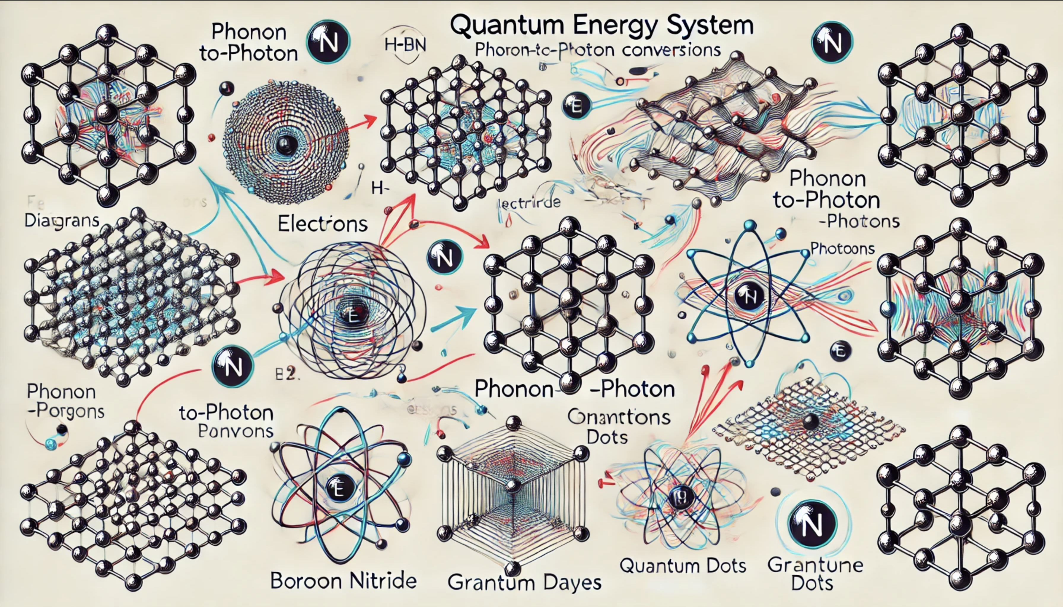 
			simplified Feynman diagrams capturing the essence of energy interactions in the quantum energy system. 
			It represents the phonon-to-photon conversions, with distinctions between fermions (straight paths) and bosons (wavy paths), showcasing interactions across h-BN lattices, graphene planes, and quantum dots. 
			
			