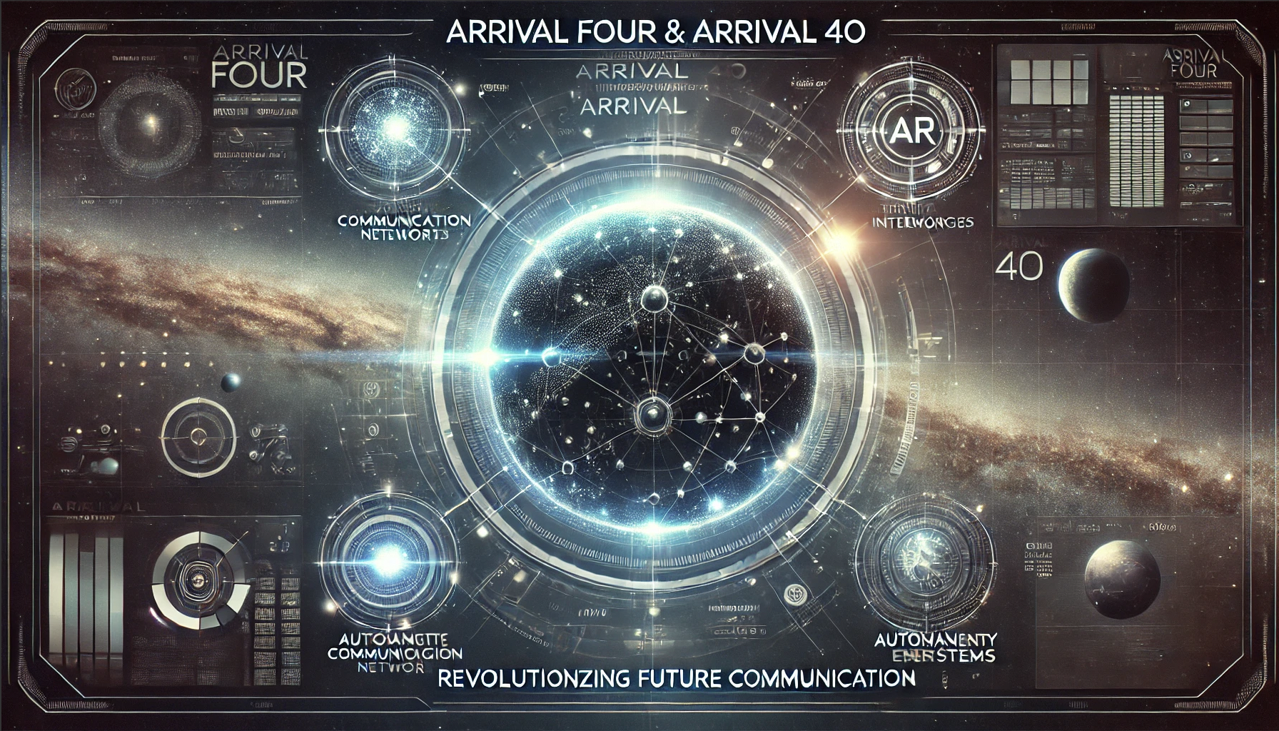 Here's the cover image for Arrival Four & Arrival 4o. It blends science fiction with advanced technology themes, featuring a holographic globe, glowing pathways, and a starry universe backdrop. 