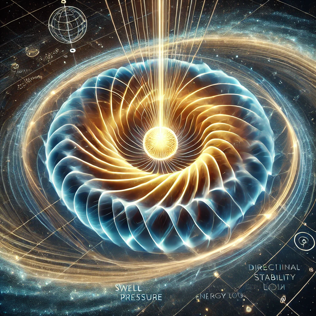 Illustration of Continuum Swell dynamics showing orthogonal pressures and energy stabilization in 3D space.