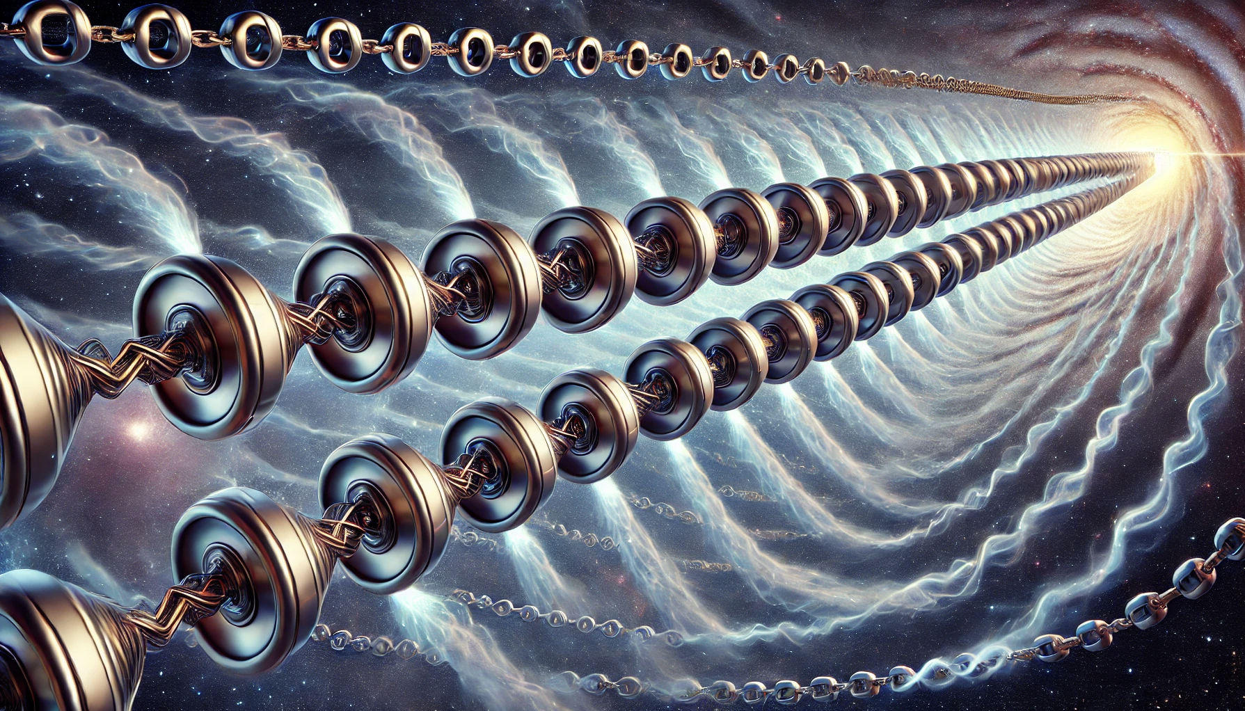 Here's the detailed illustration of a long linear chain of Autonomous Yielding Energy Systems (AYES) modules arranged like the links of a chain. Each module modulates gravitational waves, retaining them close to the chain and increasing their amplitudes, creating a tornado-like effect. The background showcases a starry universe with subtle energy waves and distant galaxies, emphasizing the advanced technology and cosmic elements.