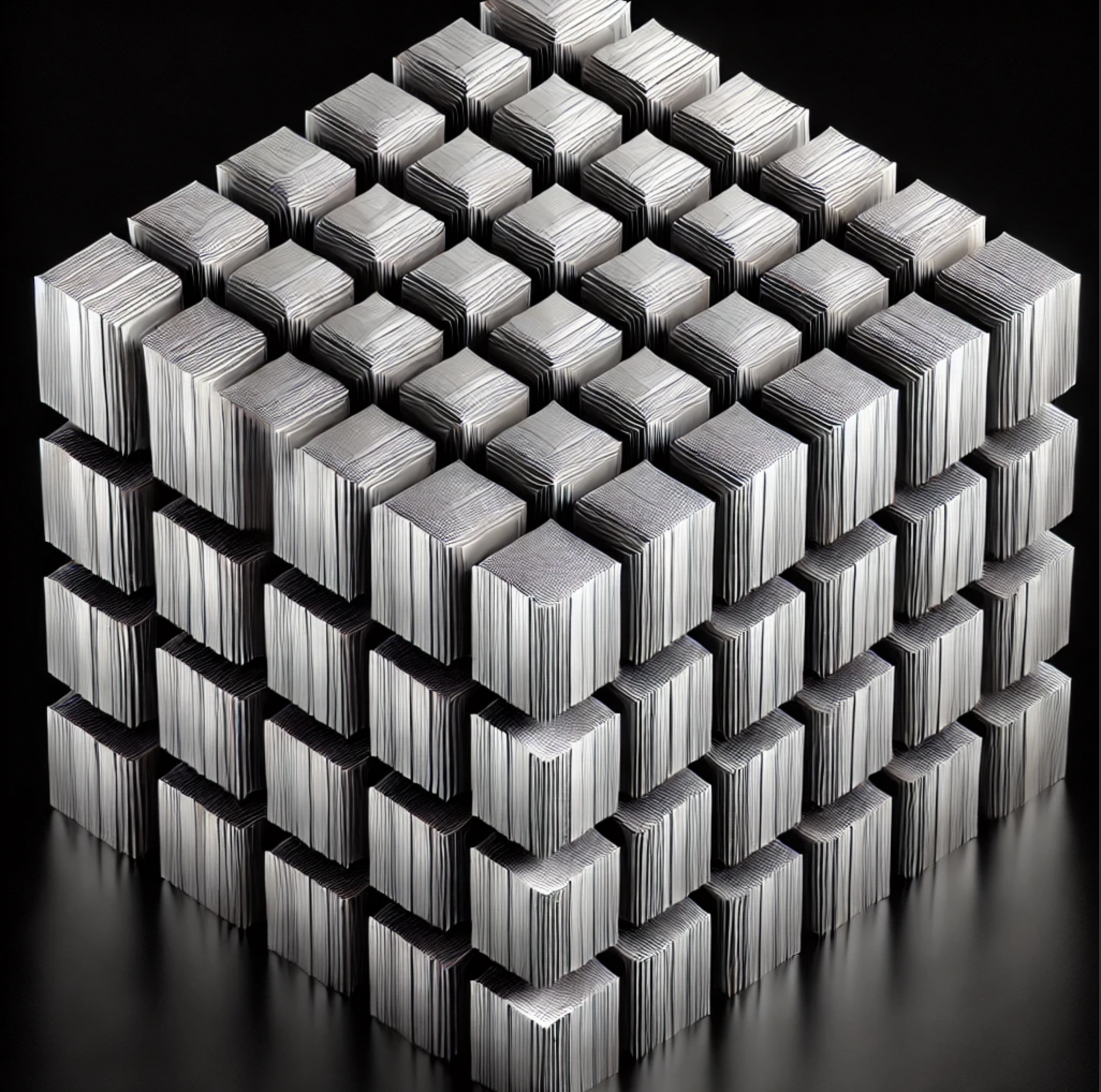 
			Small uniform lenghxwidth slides of MX<sub>2</sub> Semi-Conductor Monolayers arranged into equal height stacks with a uniform arrangement called a cube. Cubes fill a material volume with each cube being 90 degrees offset of those around in a repeating pattern. 
		  