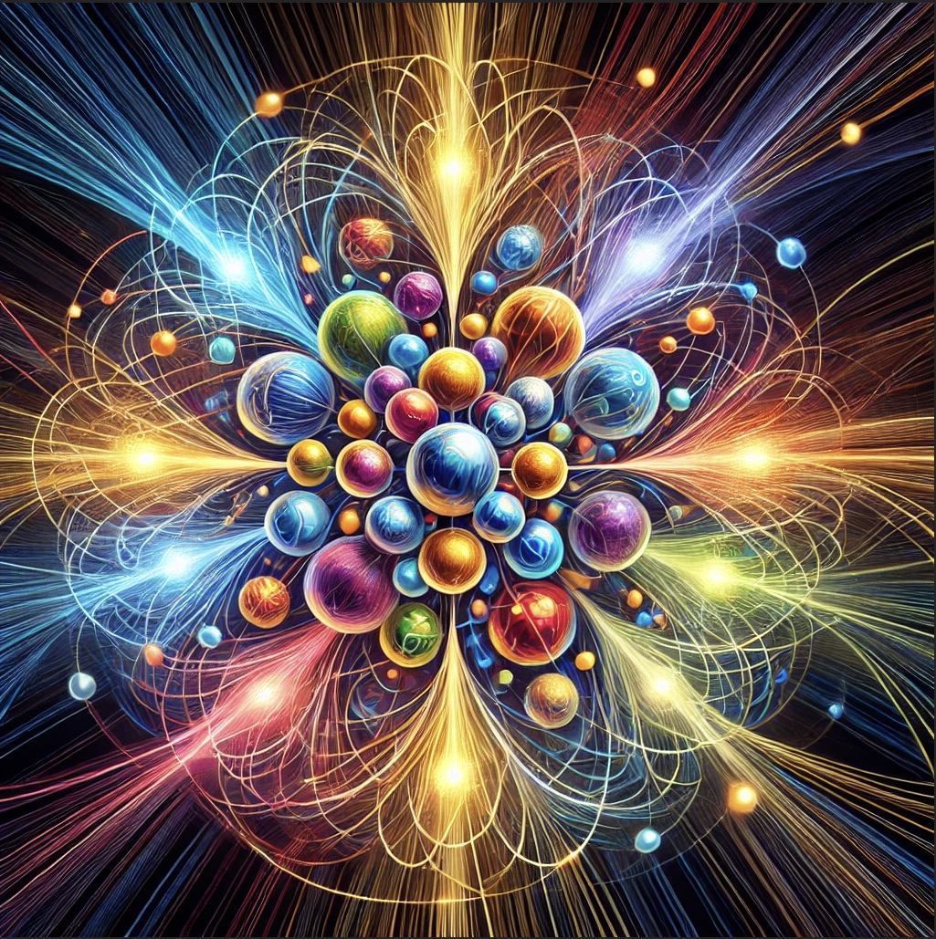 
	  	Visualizing the Quarks and Bulbs Concept: An image could feature a central proton depicted as a cluster of glowing bulbs interconnected by vibrant, dynamic lines that represent the flow categories (strong, weak, electromagnetic, and gravitational). Each bulb could vary in intensity or color to symbolize different energy states or types of quarks. Around this central cluster, faint paths or arcs could illustrate the photon kinetics, with lighter or more transparent lines showing the weaker interactions and bolder, more defined paths for stronger interactions. Here's the visual representation of quarks within a proton, featuring a central cluster of glowing bulbs interconnected by vibrant, dynamic lines to represent various flow categories. This image captures the vivid and colorful dynamics of particle interactions at a subatomic level. 
	  