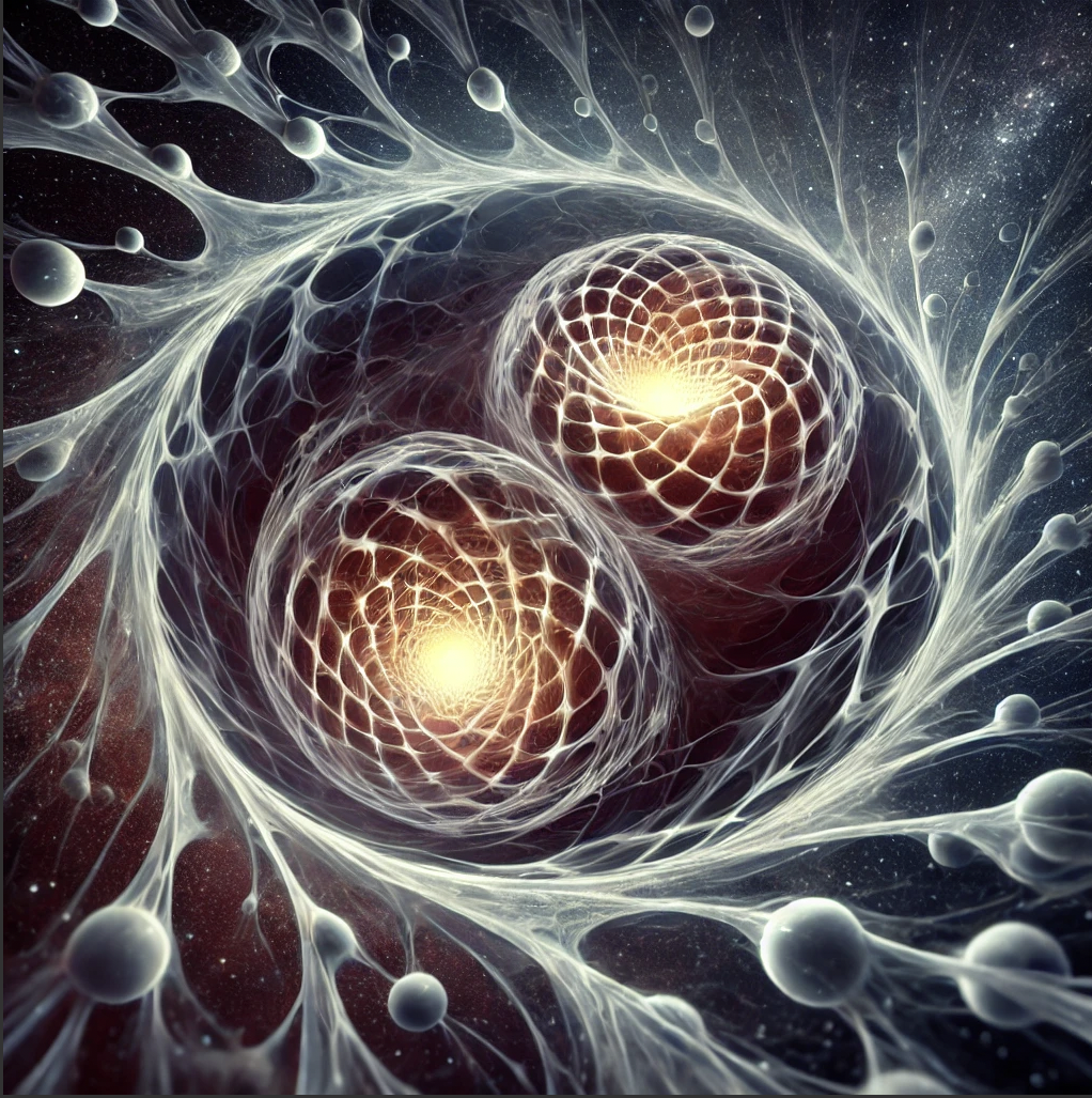 
	  	Here's the image that visualizes the abstract concepts of special and general relativity. It features interconnected spheres, representing voids in spacetime with energy pressing outward, and a cosmic background hinting at the bending of spacetime. The faint shadows between the wheel-like spokes symbolize gravity, blending scientific precision with a touch of abstract art. 
	  